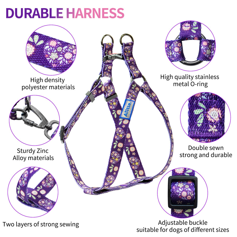 Aiitle New Adjustable Step in Dog Harness Leash Set Purple Flower