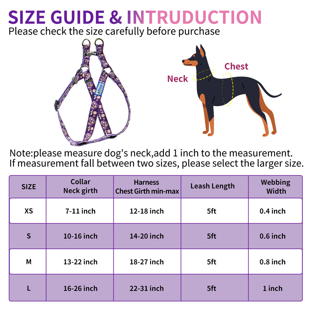 Aiitle New Adjustable Step in Dog Harness Leash Set Purple Flower