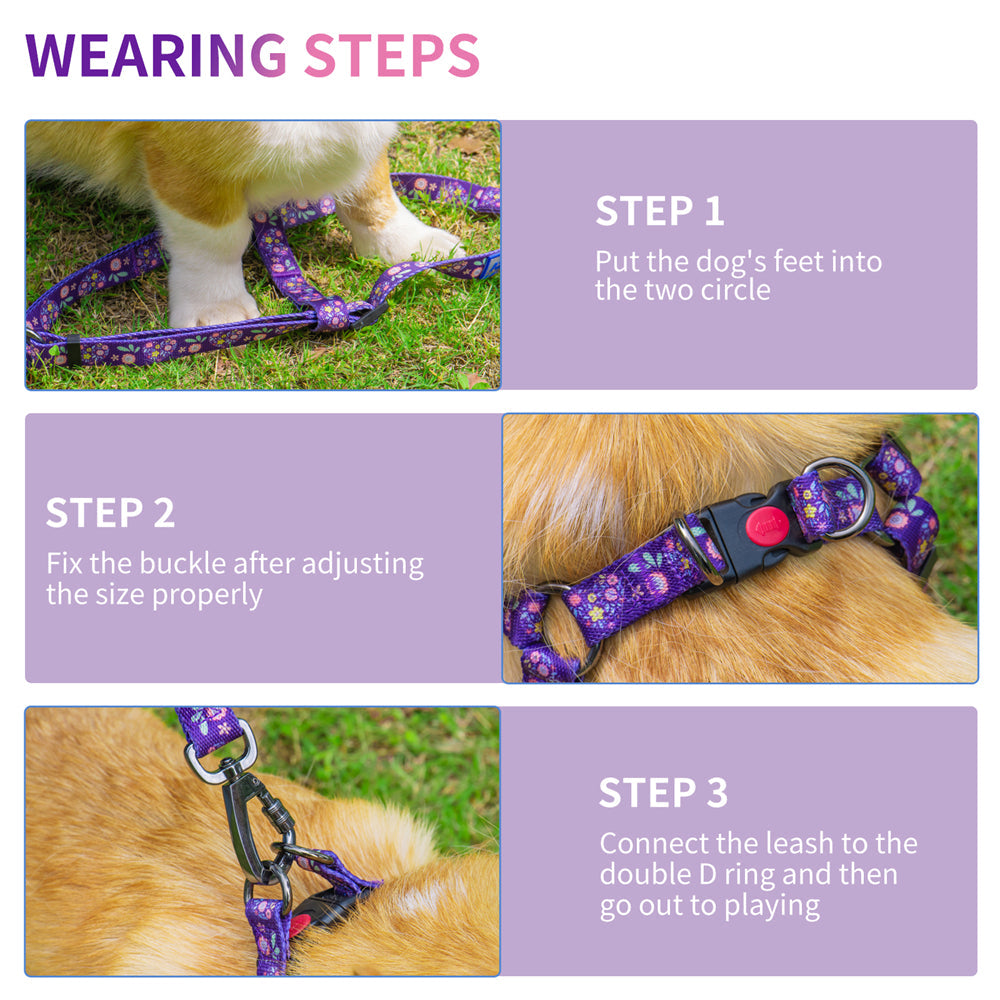 Aiitle New Adjustable Step in Dog Harness Leash Set Purple Flower