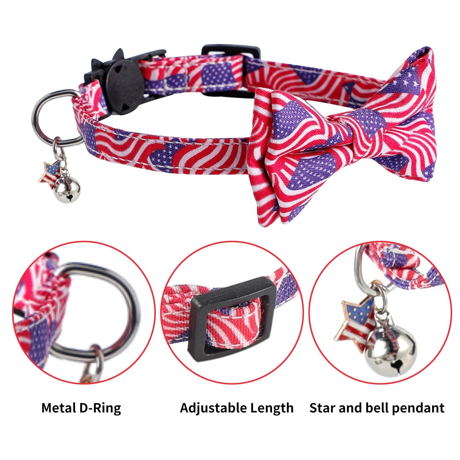 AIITLE American Flag Cat Collar with Bell Bow Tie Star Charm Breakaway | AIITLE