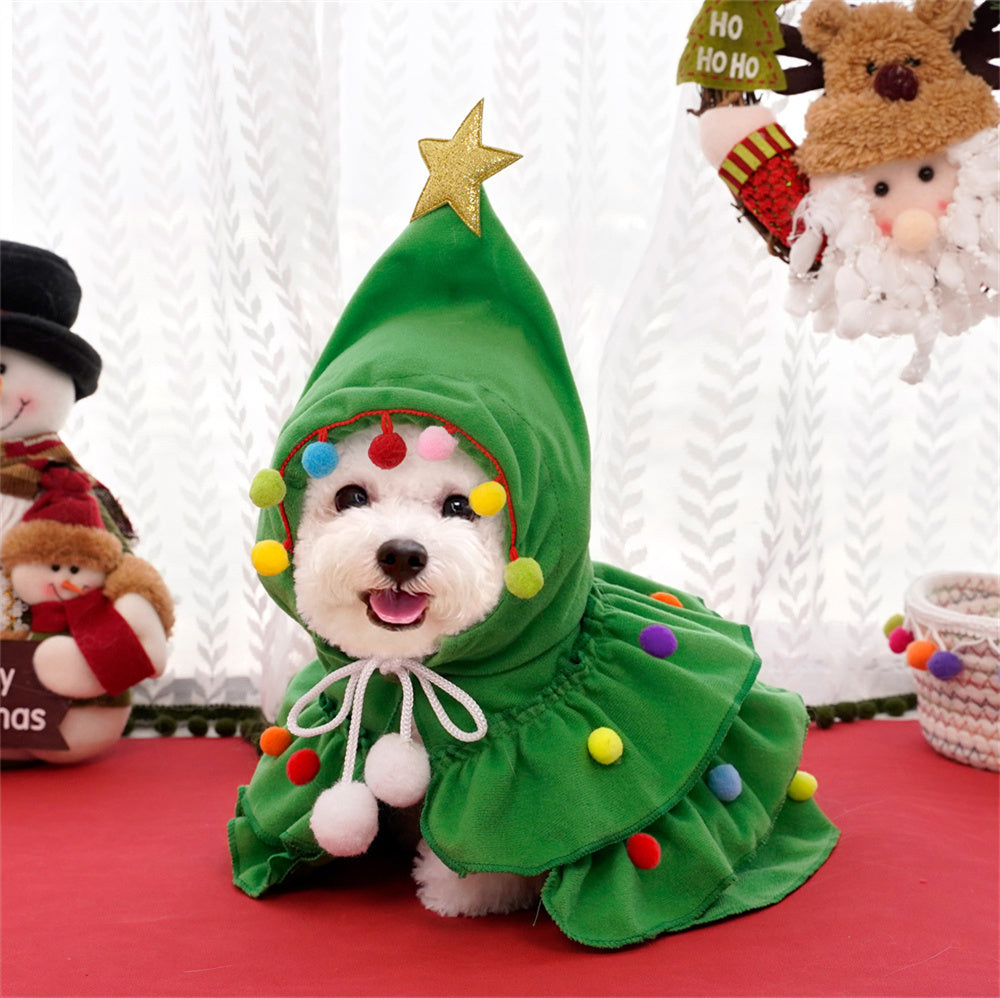 Aiitle Cute Pet Christmas Cloak with Star and Pompoms Green