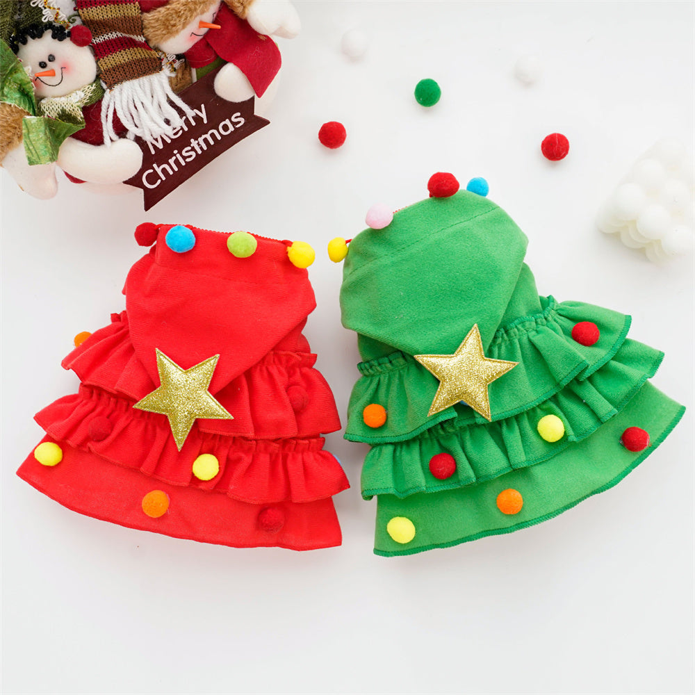 Aiitle Cute Pet Christmas Cloak with Star and Pompoms Green