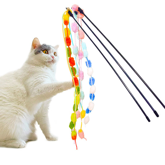 Aiitle Colorful Plush Ball Cat Teaser Wand 3 PCS Set