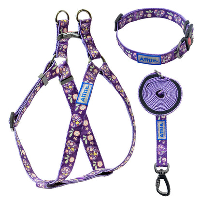 Aiitle New Adjustable Step in Dog Harness Leash Set Purple Flower