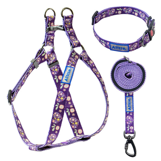 Aiitle New Adjustable Step in Dog Harness Leash Set Purple Flower